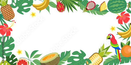 Bright tropical background with tropical palm leaves, parrot and flowers. Vector illustration with an empty space for text.