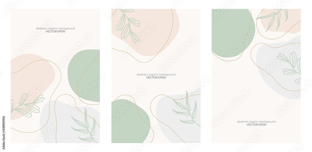 Set of abstract backgrounds with organic shapes, plant leaves and hand draw line in pastel earth tone colors. Minimal modern design template with space for text. Vector illustration.