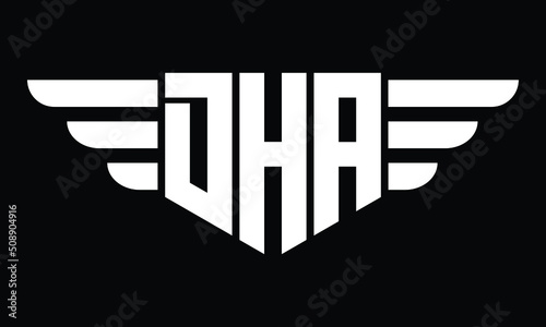 DHA three letter logo, creative wings shape logo design vector template. letter mark, wordmark, monogram symbol on black & white.