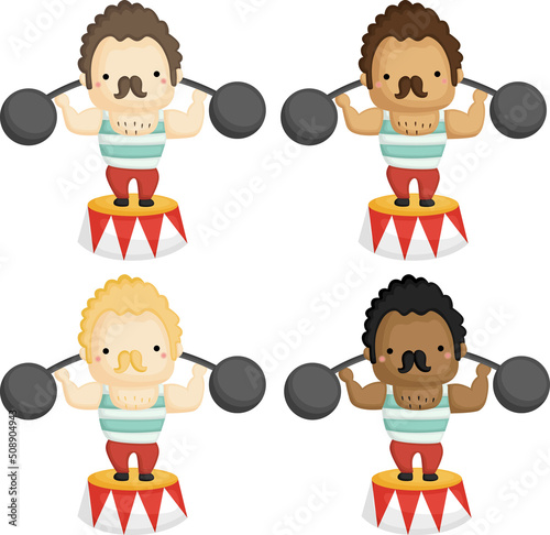 a vector of carnival strongman in different skin tones