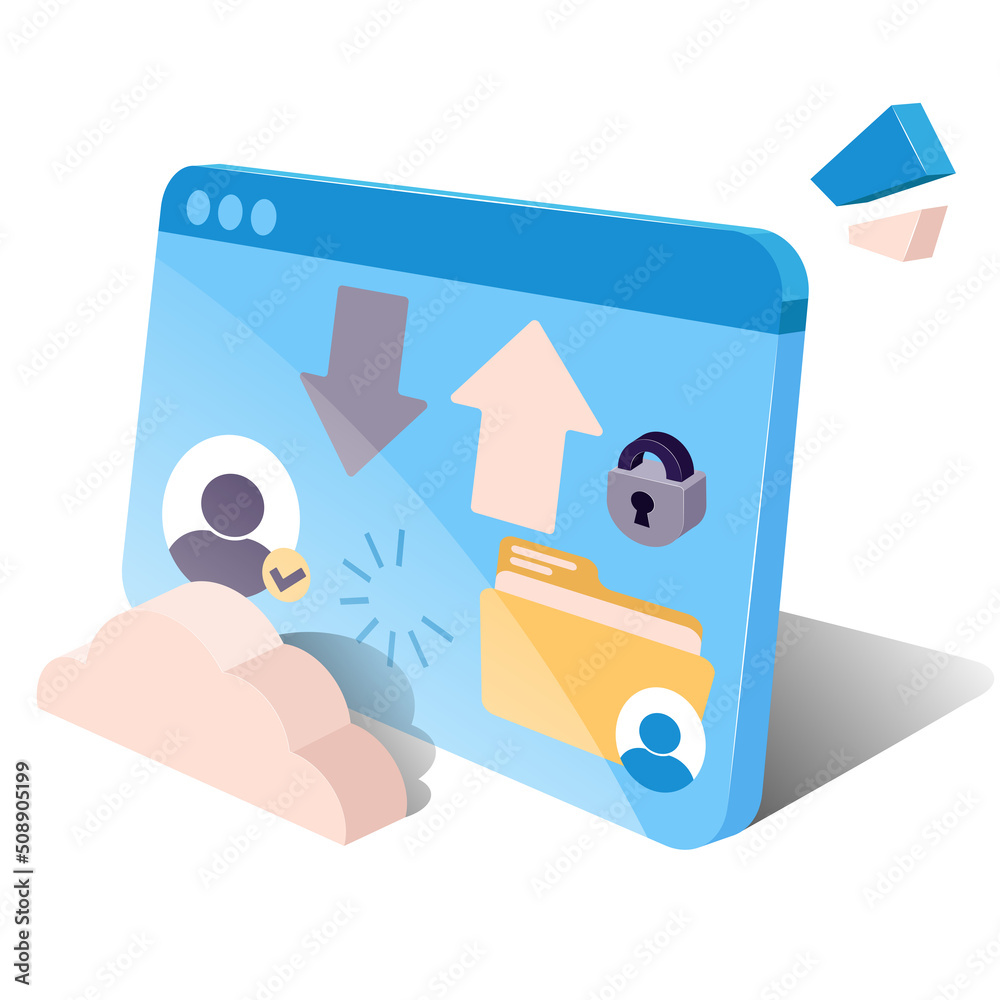 File transfer, data exchange service, digital document transfer concept. A 3D model of a computer screen showing a data service website. Vector graphics on a white background File transfer, data exchange service, digital document transfer concept. A 3D model of a computer screen showing a data service website. Vector graphics on a white background