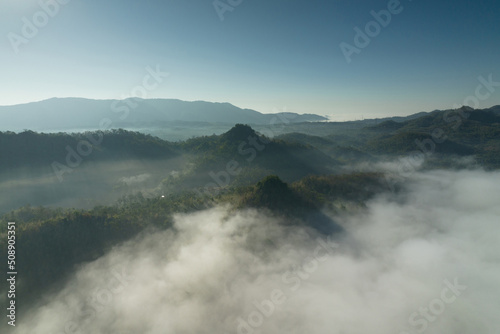 Fog in the morning forest with green mountains. Pang Puai  Mae Moh  Lampang  Thailand.