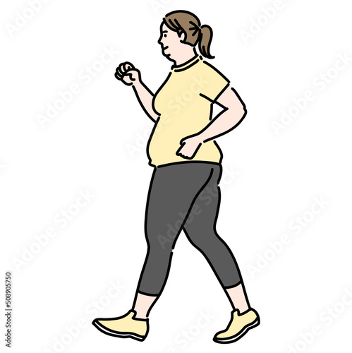 スポーツウェアを着てウォーキングしている肥満体型の若い女性
