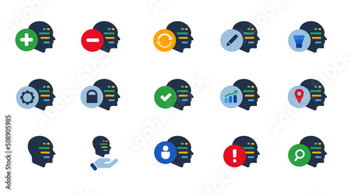 Code programming inside head symbol of AI artificial inteligence machine learning software icon set collection blue vector