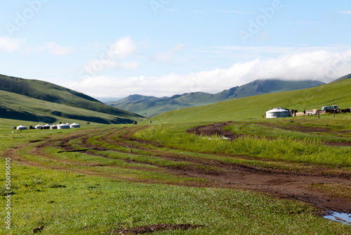 Settlement made of gers in the middle of the Mongolian steppes