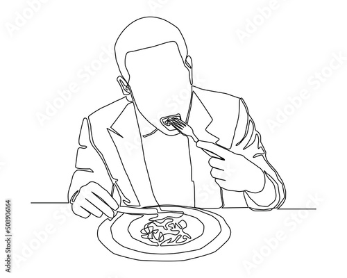 Continuous line of businessman using fork poking food into his mouth vector