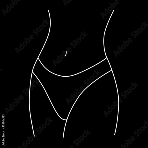 Woman thin body silhouette. Human bikini body, navel, waist, hips. Health body. Black and white. Black background. Line drawing.