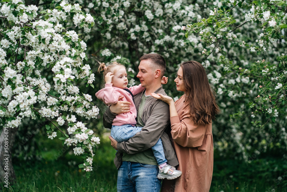 Fototapeta premium family mom mom baby daughter in the garden blooming apple trees