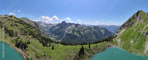 Aerial view of Seealpsee in Germany and the nearby Alps. Summer time.