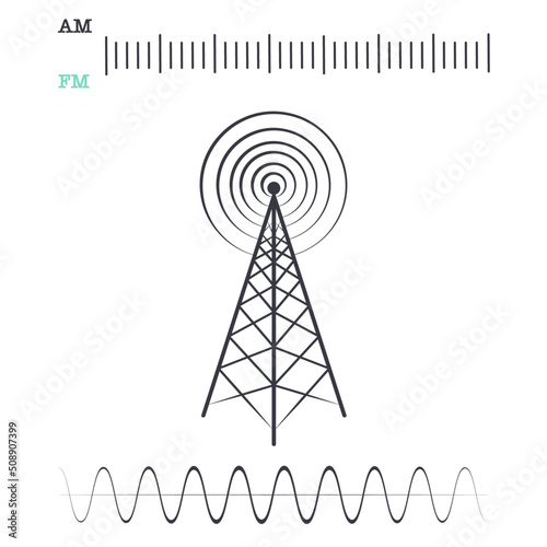 Radio wave, radio tuner, and radio tower vector illustrations