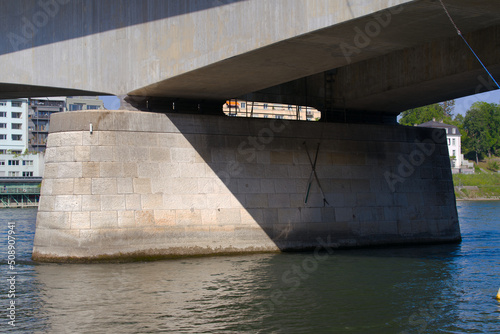 Close-up of Johanniter Bridge at Rhine River with crossed wooden rudders at City of Basel on a sunny spring day. Photo taken May 11th, 2022, Basel, Switzerland. photo