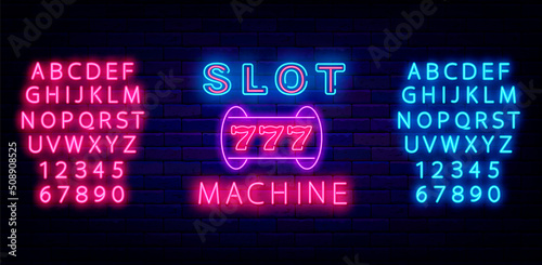 Slot machine neon sign. Shiny ble and pinl alphabet. Casino concept. Jackpot. Vector stock illustration