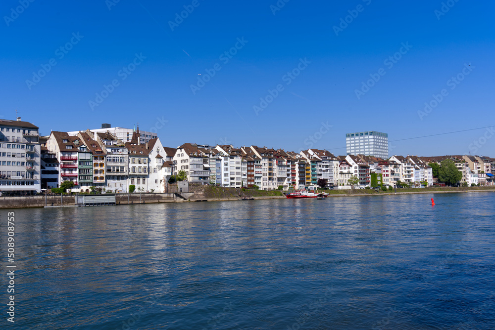 Rhine River at City of Basel with scenic view on a sunny spring day. Photo taken May 11th, 2022, Basel, Switzerland.