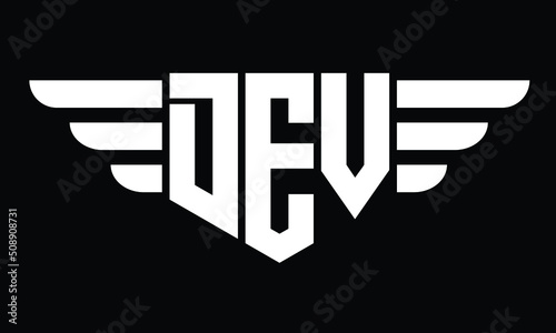DEV three letter logo, creative wings shape logo design vector template. letter mark, wordmark, monogram symbol on black & white.