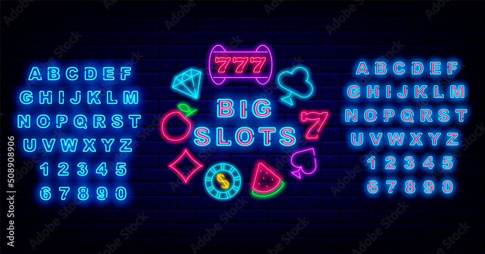 Big slots neon sign. Shiny blue alphabet. Circle layout with icons. Casino concept. Vector stock illustration