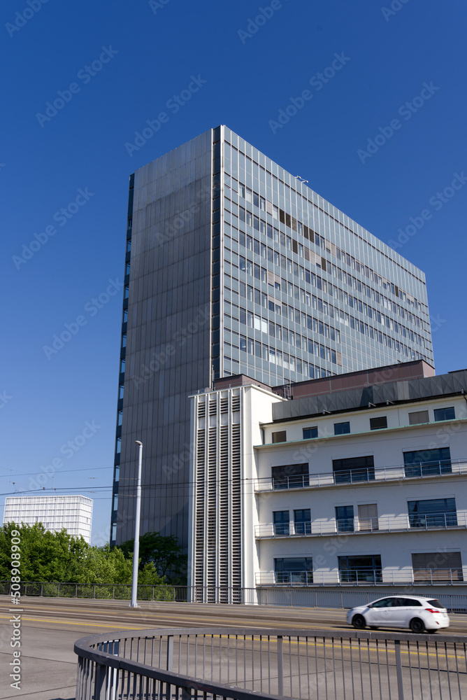 Office tower at industrial district named Klybeck at City of Basel on a sunny spring day. Photo taken May 11th, 2022, Basel, Switzerland.