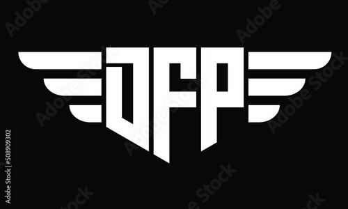 DFP three letter logo, creative wings shape logo design vector template. letter mark, wordmark, monogram symbol on black & white.