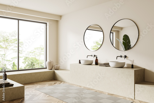 Light bathroom interior with sink and mirror  accessories and panoramic window