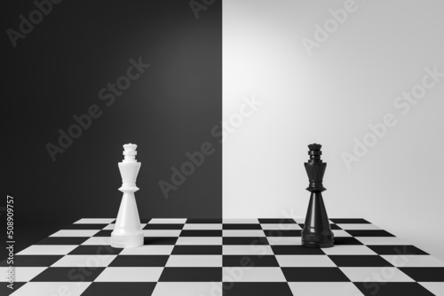 Foto Chess board with two figures, competition. Copy space