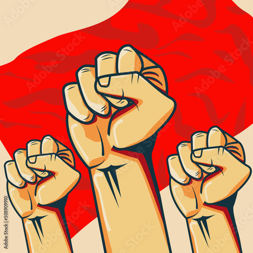 fist hand on front of red flag suitable for propaganda illustration
