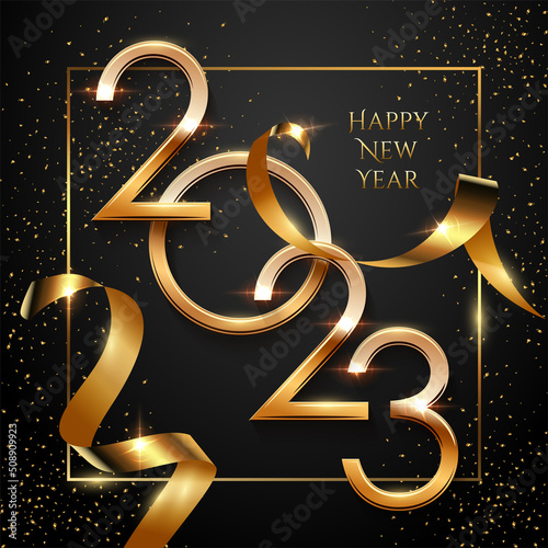 Happy new year greeting card vector template. Festive christmas social media banner design with congratulations. Golden 2023 number in frame with confetti realistic illustration with typography