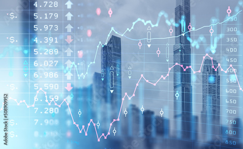 Forex graph changes and candlesticks. New York skyscrapers