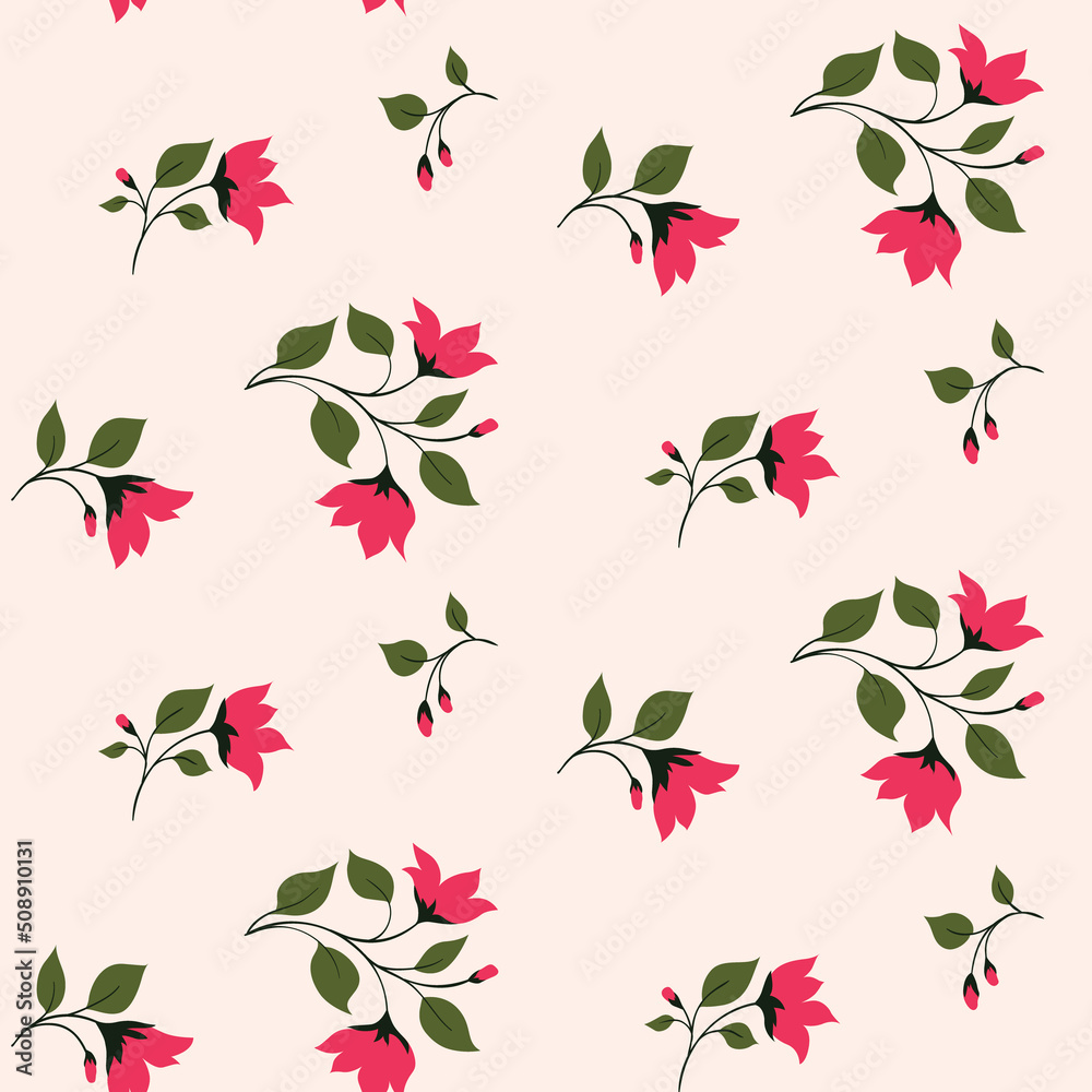 Seamless pattern, cute ditsy print with flowering branches. Romantic botanical background, girly floral surface design with small pink flowers, leaves on tiny twigs. Vector illustration. Seamless pattern, cute ditsy print with flowering branches. Romantic botanical background, girly floral surface design with small pink flowers, leaves on tiny twigs. Vector illustration.