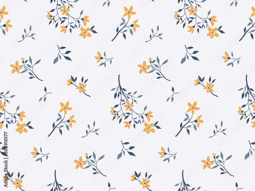 Seamless pattern, gentle floral print in rustic style. Romantic botanical background with a simple design, small flowers, leaves, blue twigs on a light surface. Vector illustration.