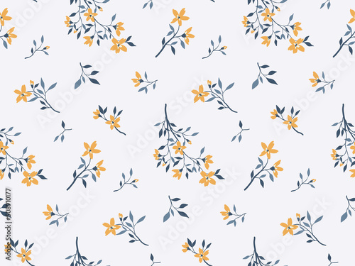 Seamless pattern, gentle floral print in rustic style. Romantic botanical background with a simple design, small flowers, leaves, blue twigs on a light surface. Vector illustration. © Yulya i Kot