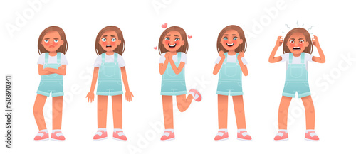 Little girl character set. The child expresses emotions resentment and confusion, love and joy, anger