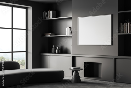 Modern relax interior with sofa and coffee table, mockup frame