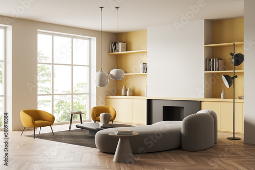 Stylish relax interior with couch and armchairs, shelf with decoration, fireplace and mockup © ImageFlow