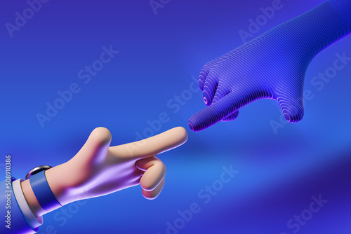 Cartoon finger touch digital hand in alternate reality, metaverse