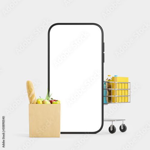 Foto Phone and shopping cart and fresh products, light grey background