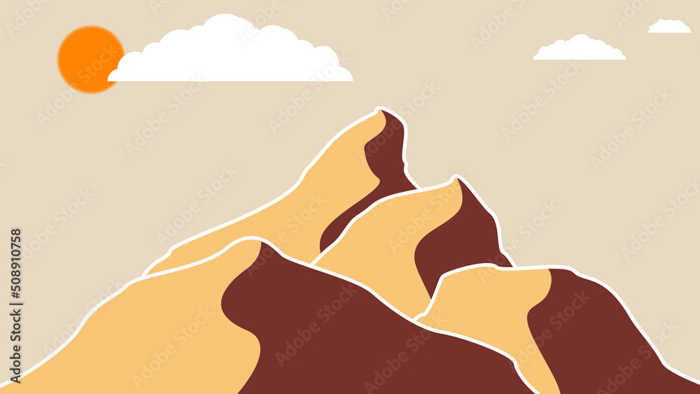 Mountain silhouettes with sun.  Peaks in sunset. Mountain landscape . Summit and sunset logo .Vector