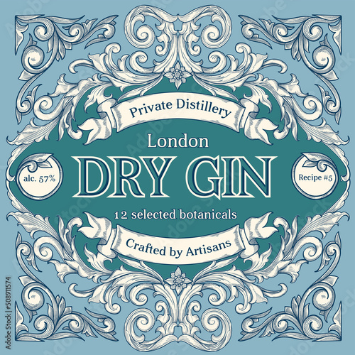 Dry gin - ornate vintage decorative label
