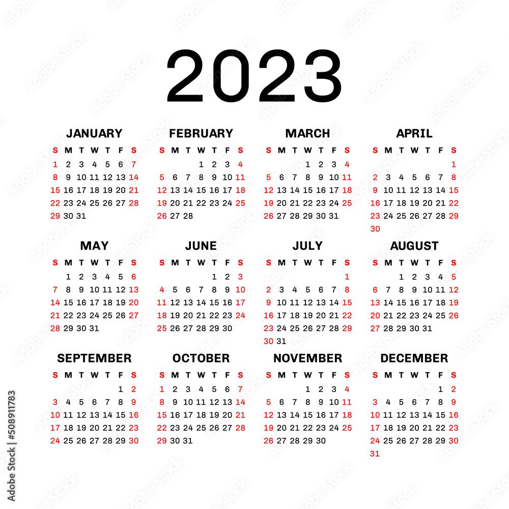 Square calendar template 2023. English vector wall or pocket calender ...