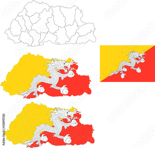 Set of territories of the country with the flag of Bhutan