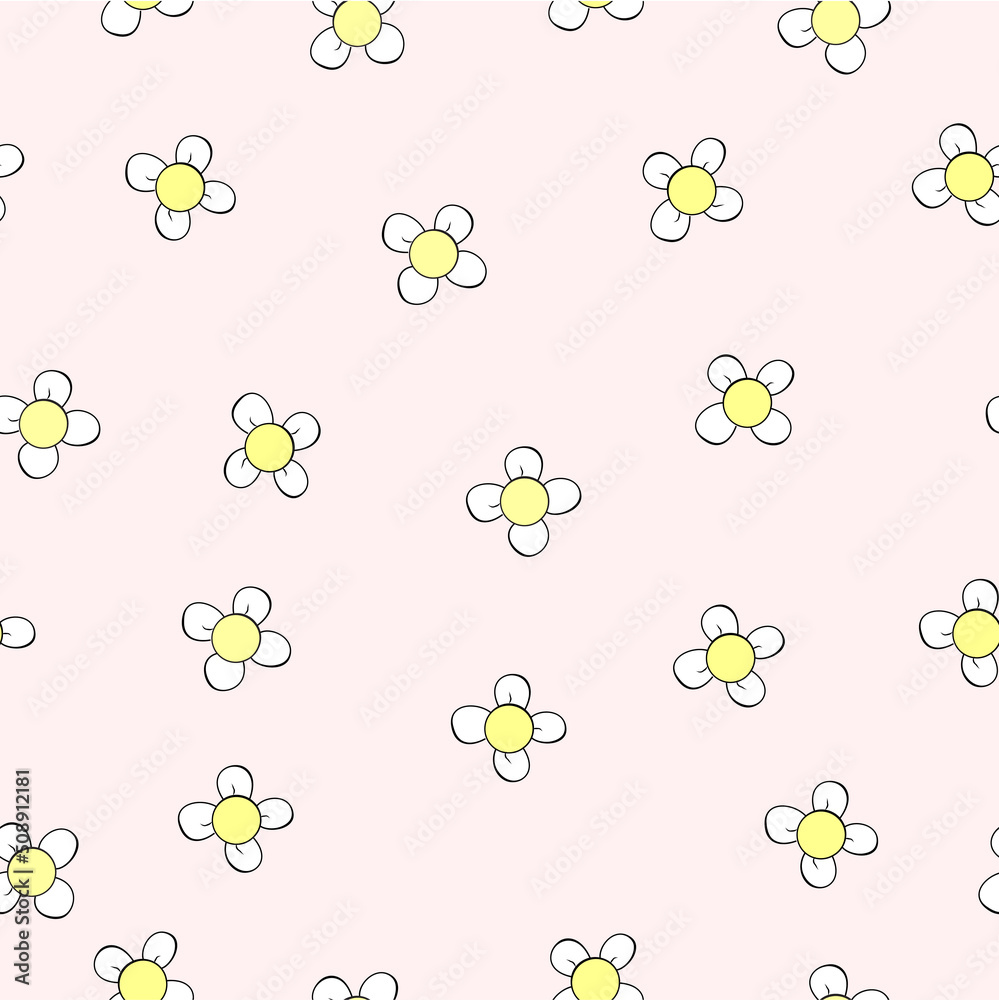 Simple Vector Seamless White and Yellow Flower at Pink Background