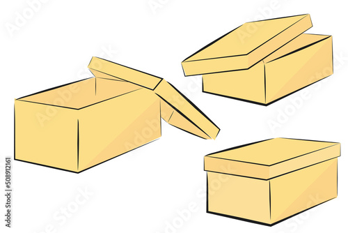 Sketch Vector of 3 Perspective Brown Shoe Box, isolated on white