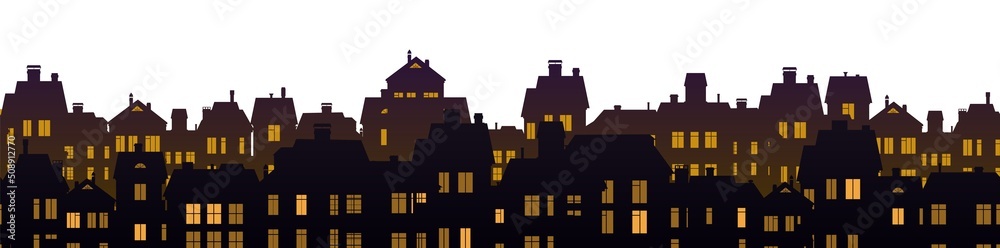 custom made wallpaper toronto digitalSilhouettes of village evening houses with luminous windows. Small city houses residential quarters. Cityscape with buildings. Isolated on white background. Housing Vector