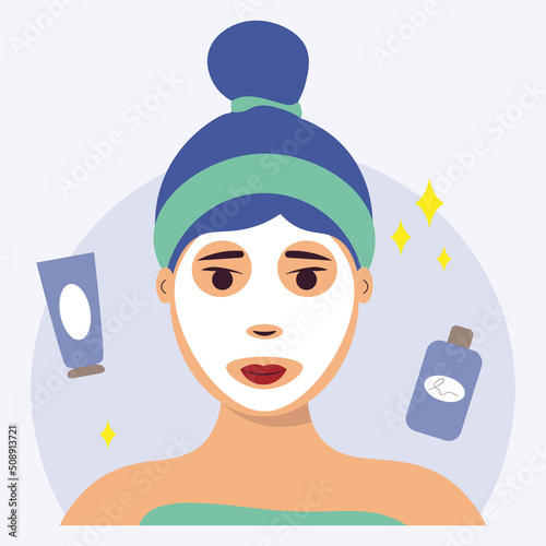 Portrait Of Girl With A White Moisturizing Mask Vector Illustration In Flat Style