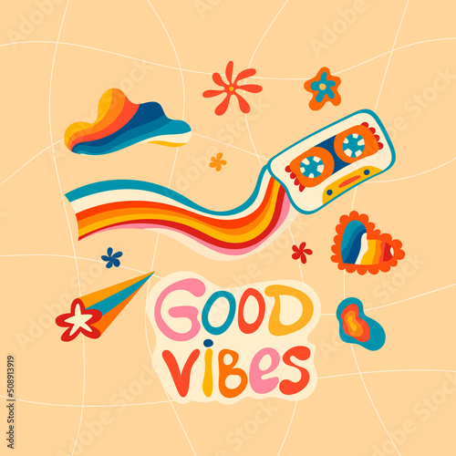 Groovy funky poster, stickers of the 70s. Retro poster with a slogan in the hippie style, good vibes, postcard template.Hippie cartoon-style illustrations, musical cassette, stars, rainbow.
