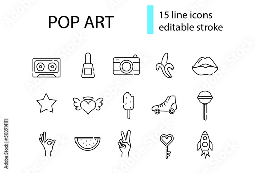 Pop art linear icons collection. Retro 1960s design. Woman lips  watermelon and hand poses. Vector stock illustration