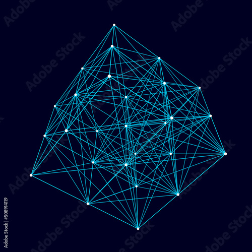 Abstract wireframe cube whith connection dots and lines. Digital blockchain concept and data transfer system. Storage cells of datas. Vector illustration.