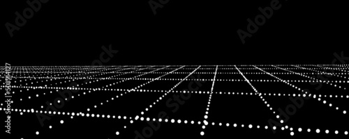 Abstract perspective grid. Digital background in retro style. Cyber landscape on black background. Vector illustration.