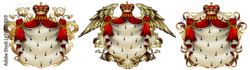 Three of  heraldic shields with a crown and royal mantle, richly ornamented, on a white background. High detailed realistic illustration