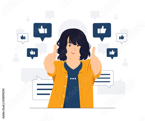 Concept illustration of Woman showing like hand sign, feedback, public approval, joy, success, approval, happiness, and thumbs up symbol flat cartoon style