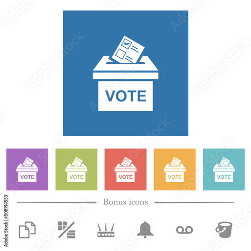 Voting paper and ballot box solid flat white icons in square backgrounds photo