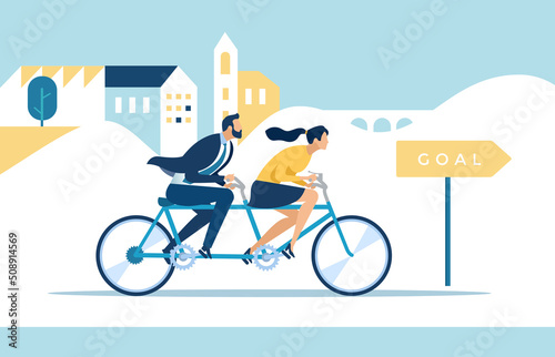 Teamwork. Together forward to the goal. The couple pedals on a tandem bicycle. Vector illustration.